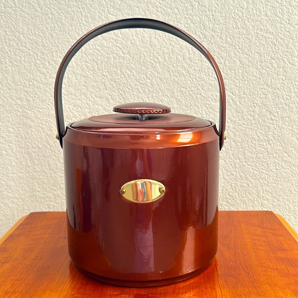 Vintage Signed George’s Briard Ice Bucket Mid Century Faux Leather Swing Handle